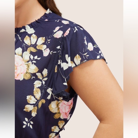 BloomChic Floral Frill Trim Mock Neck Pocket Ruffle Belted Cap Sleeve Dress - Picture 5 of 9